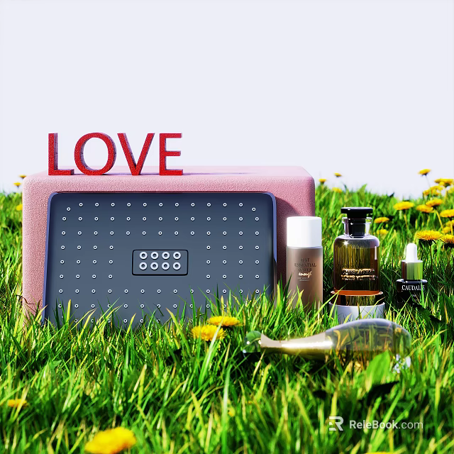 Perfume Cosmetics Placed on Green Grass with Yellow Flowers LOVE Sign and Pink Box 3d model 