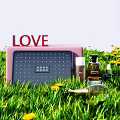 Perfume Cosmetics Placed on Green Grass with Yellow Flowers LOVE Sign and Pink Box