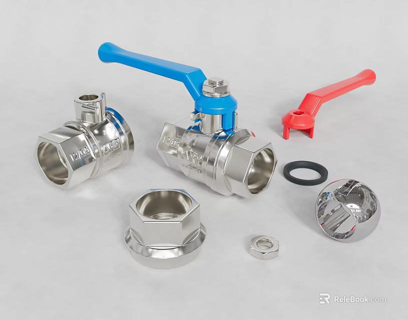 Stainless Steel Water Faucet Ball Valve with Blue Red Handles and Gasket Fittings 3d model 