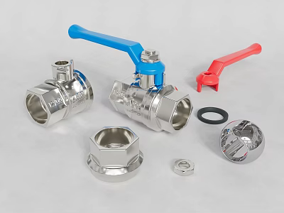 Stainless Steel Water Faucet Ball Valve with Blue Red Handles and Gasket Fittings 3d model