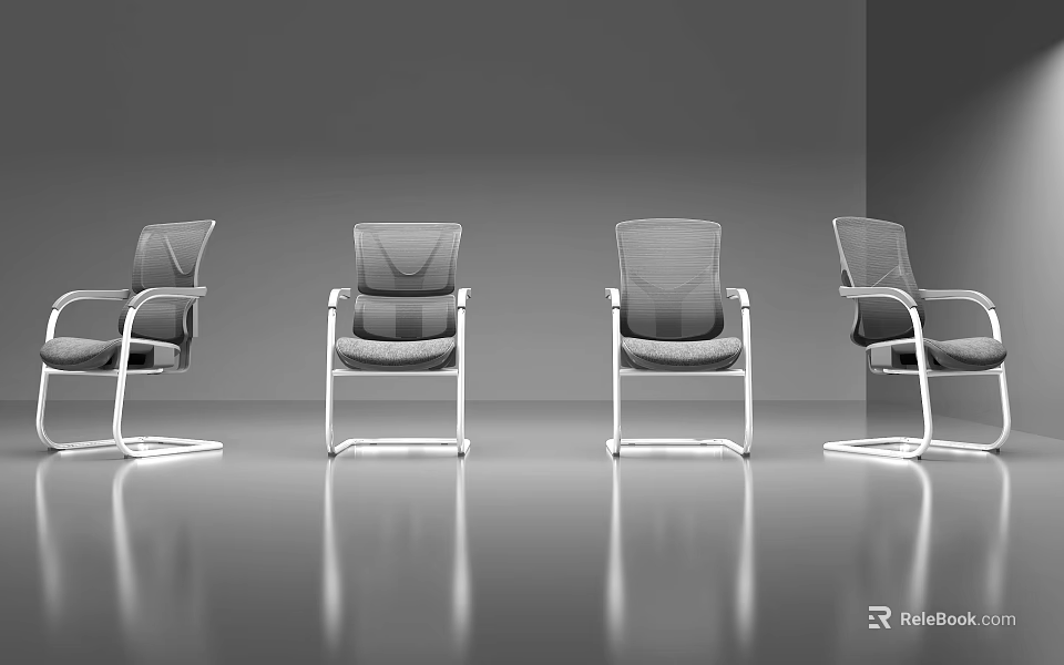 Modern Office Chairs with Mesh Back and Metal Frame in Gray Room on Reflective Floor 3d model 