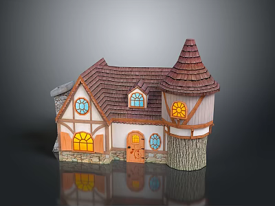 Enchanted Fairy Tale Cottage With Pointed Roof Stained Glass Windows And Tower Structure 3d model