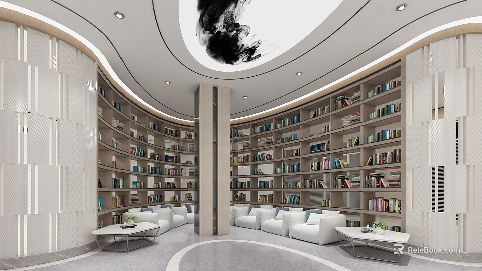 Modern Circular Lounge Area Design With Bookshelves White Sofas Coffee Tables And Ceiling Decor 3d model 