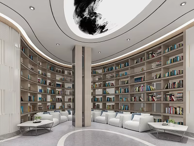 Modern Circular Lounge Area Design With Bookshelves White Sofas Coffee Tables And Ceiling Decor 3d model