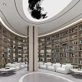 Modern Circular Lounge Area Design With Bookshelves White Sofas Coffee Tables And Ceiling Decor