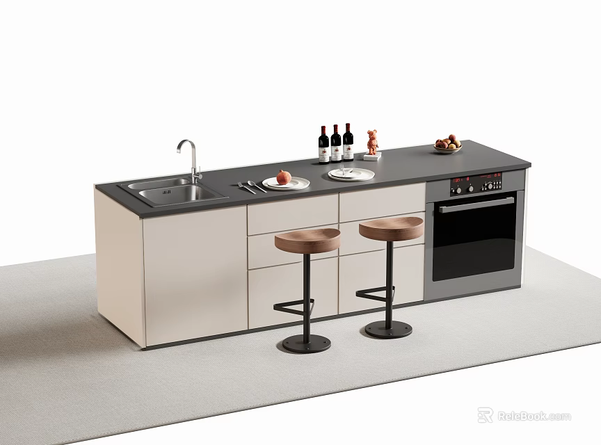 Modern Bar Counter Interior With Sink Bottles Plates Stools Cabinets And Oven 3d model 