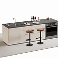 Modern Bar Counter Interior With Sink Bottles Plates Stools Cabinets And Oven