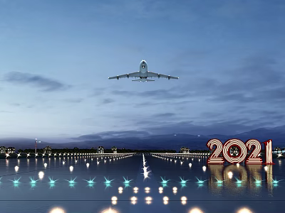 Airplane Flying Over Illuminated Runway Lights With 2021 Sign In Evening Sky 3d model
