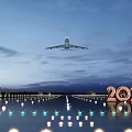 Airplane Flying Over Illuminated Runway Lights With 2021 Sign In Evening Sky