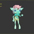 Adorable 3D Cartoon Creature Character With Pink Hair Horns Blue Bow Tie And White Body