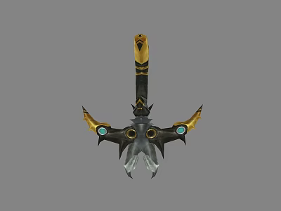 Black And Gold Mythical Weapon With Blue Gem Accents And Spiked Design 3d model