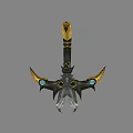 Black And Gold Mythical Weapon With Blue Gem Accents And Spiked Design