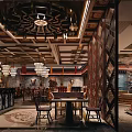 Traditional Restaurant Interior With Wooden Ceiling Chandeliers Dining Tables And Patterned Floor