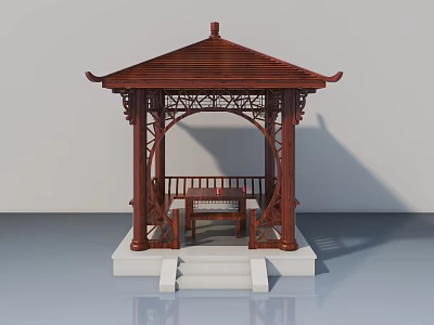 Traditional Wooden Garden Pavilion With Carved Swing Door And Outdoor Design 3d model