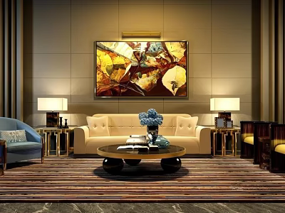 Elegant Beige Sofa And Round Coffee Table Set With Wall Painting Table Lamps And Carpet 3d model