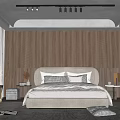 Modern Bedroom Interior Design Featuring Wooden Accent Wall Soft Lighting Gray Bedding And Nightstands