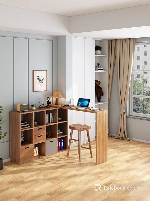Home Office Wooden Desk With Laptop Lamp Stool Bookshelf And Plants By Window 3d model 