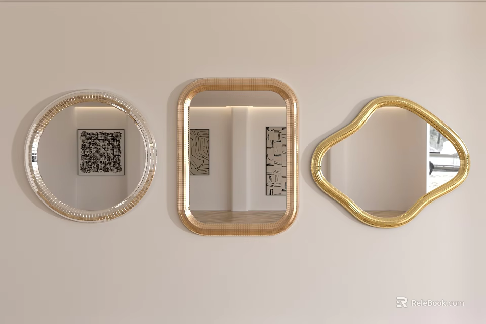 Round Square and Irregular Shaped Mirrors with Gold Silver Frames Hanging on Wall 3d model 
