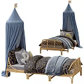 Kids Bed with Pink Canopy Woven Frame Polka Dot Bedding and Stuffed Toy