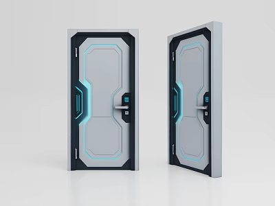 Modern Swing Door With Metal Frame Sleek White Panel Blue Accent Lines And Smart Lock 3d model