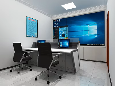 Modern Monitoring Room Interior With Large Screens Computers Work Desks And Chairs 3d model