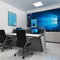 Modern Monitoring Room Interior With Large Screens Computers Work Desks And Chairs