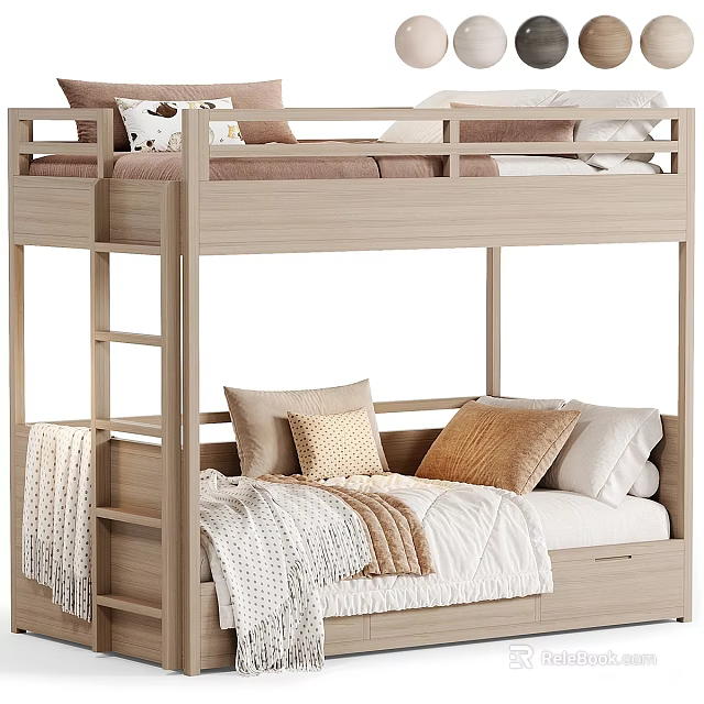 Wooden Bunk Bed with Light Wood Finish Ladder Access and Cozy Lower Bed Pillows 3d model 