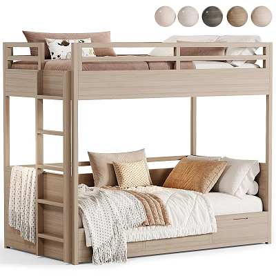 Wooden Bunk Bed with Light Wood Finish Ladder Access and Cozy Lower Bed Pillows 3d model