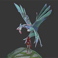 Blue Mythical Winged Creature With Intricate Patterns And Humanoid Character Standing On Rock Platform
