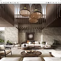 Luxurious Hotel Lobby Interior Featuring Wooden Structures Hanging Lamps And Comfortable Sofas 3d model