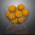 Fresh Ripe Oranges in a Metal Wire Basket on Reflective Surface