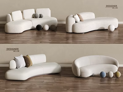 Modern White Designer Two Seater Sofa with Pillows and Round Decor on Wooden Floor 3d model