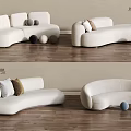 Modern White Designer Two Seater Sofa with Pillows and Round Decor on Wooden Floor
