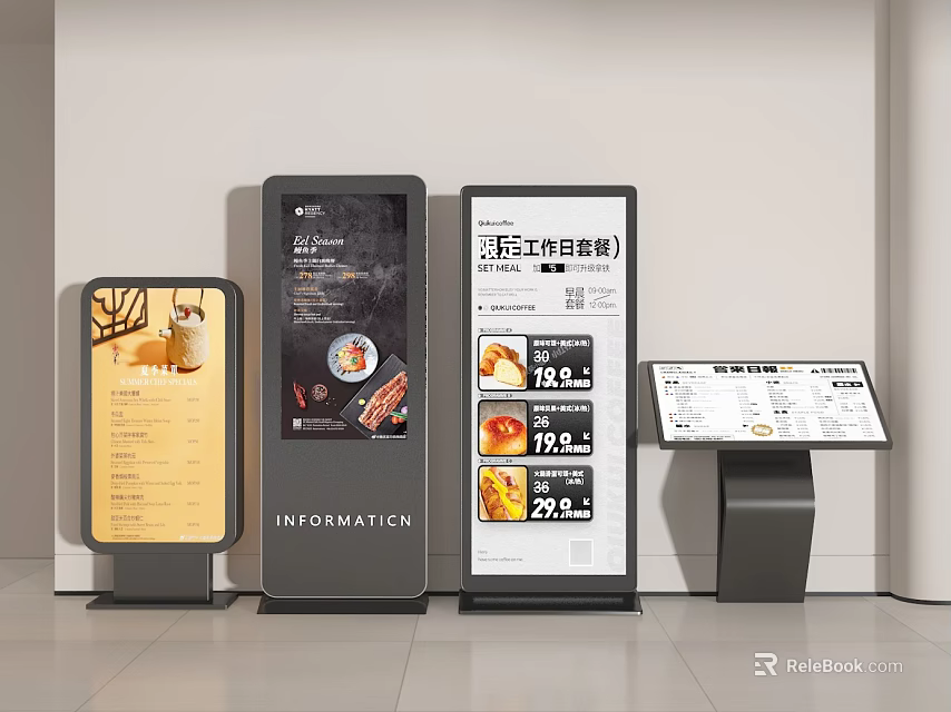 Commercial Digital Signage Equipment With Information Displays Menu Boards And Touchscreen Panels 3d model 