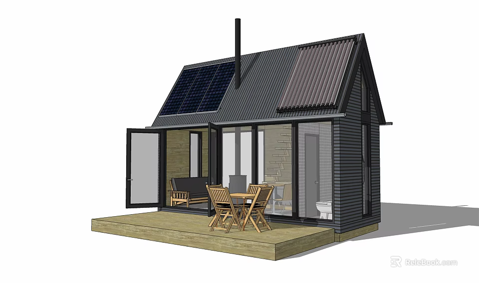 Modern Cabin with Solar Panels on Dark Roof Glass Doors and Wooden Deck Outdoor Furniture 3d model 
