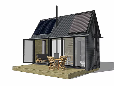 Modern Cabin with Solar Panels on Dark Roof Glass Doors and Wooden Deck Outdoor Furniture 3d model