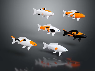 Colorful Koi Fish In White Orange Black Hues Swimming With Reflections On Water Surface 3d model