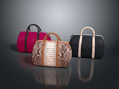 Stylish Fashion Handbags in Pink Snakeskin Pattern and Black Leather with Top Handles 3d model