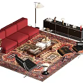 Red Sofa and Coffee Table Set with Patterned Rug Black Chairs and Floor Lamp 3d model