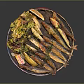 Grilled Small Fish Dish With Lemon Slices Fresh Lettuce And Herbs On Metal Plate
