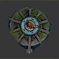 Game Movie Character Standing on Circular Platform With Green Rock Blue Base Armor and Weapon