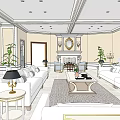 Elegant Living and Dining Room with White Sofas Coffee Table Decorative Mirrors and Ceiling Lights