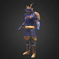 Samurai Warrior Character In Blue Armor With Dragon Helmet And Golden Decorations Belt Boots