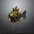 Golden Fish Figurine With Crown Like Decoration Big Eyes Open Mouth And Decorative Wings