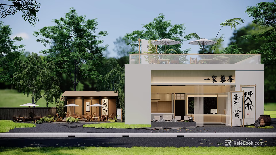 Modern Milk Tea Shop Exterior With Outdoor Terrace Green Trees And Umbrellas 3d model 