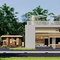 Modern Milk Tea Shop Exterior With Outdoor Terrace Green Trees And Umbrellas