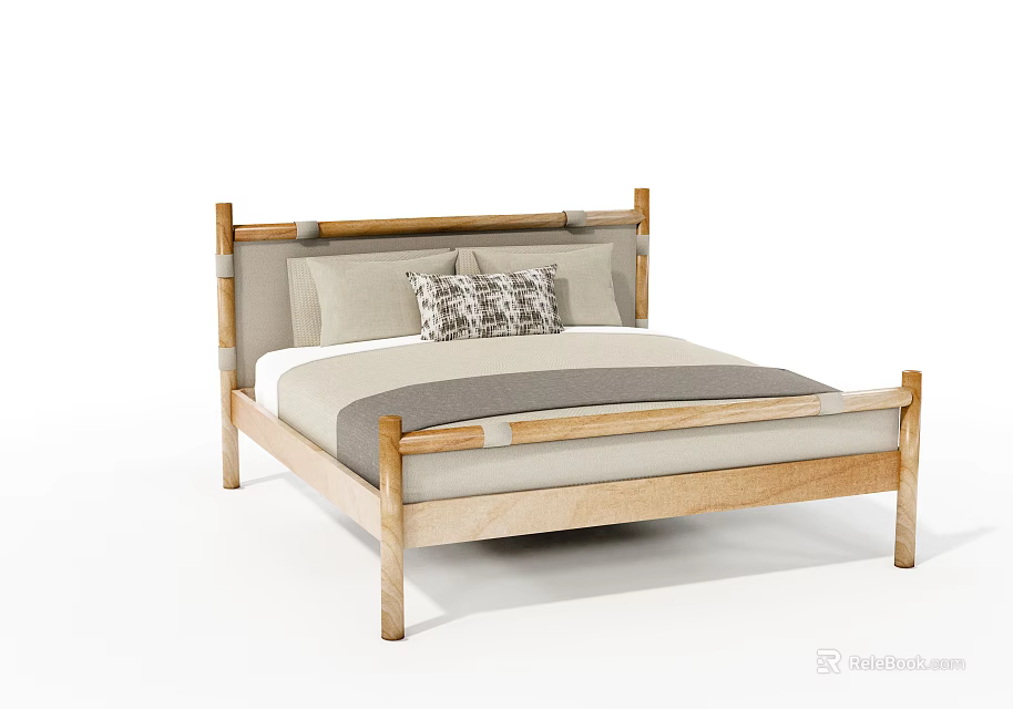 Wooden Frame Double Bed With Light Colored Mattress And Decorative Pillow 3d model 