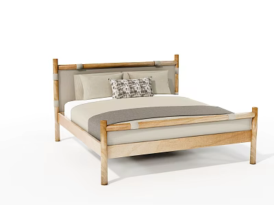 Wooden Frame Double Bed With Light Colored Mattress And Decorative Pillow 3d model