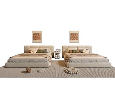 Modern Single Bed Bedroom Setup With Upholstered Headboard Pillows Wall Art And Area Rug 3d model