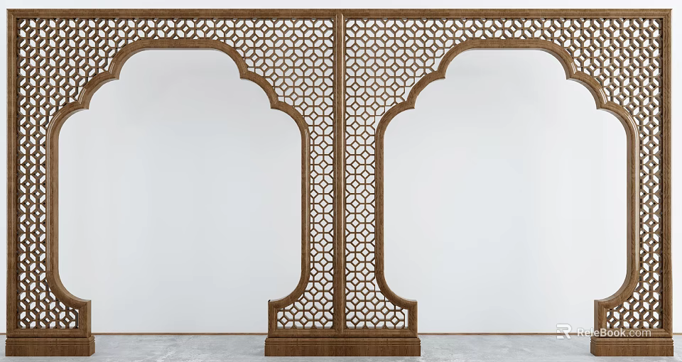 Traditional Wooden Door Arches With Intricate Lattice Design And White Wall Background 3d model 